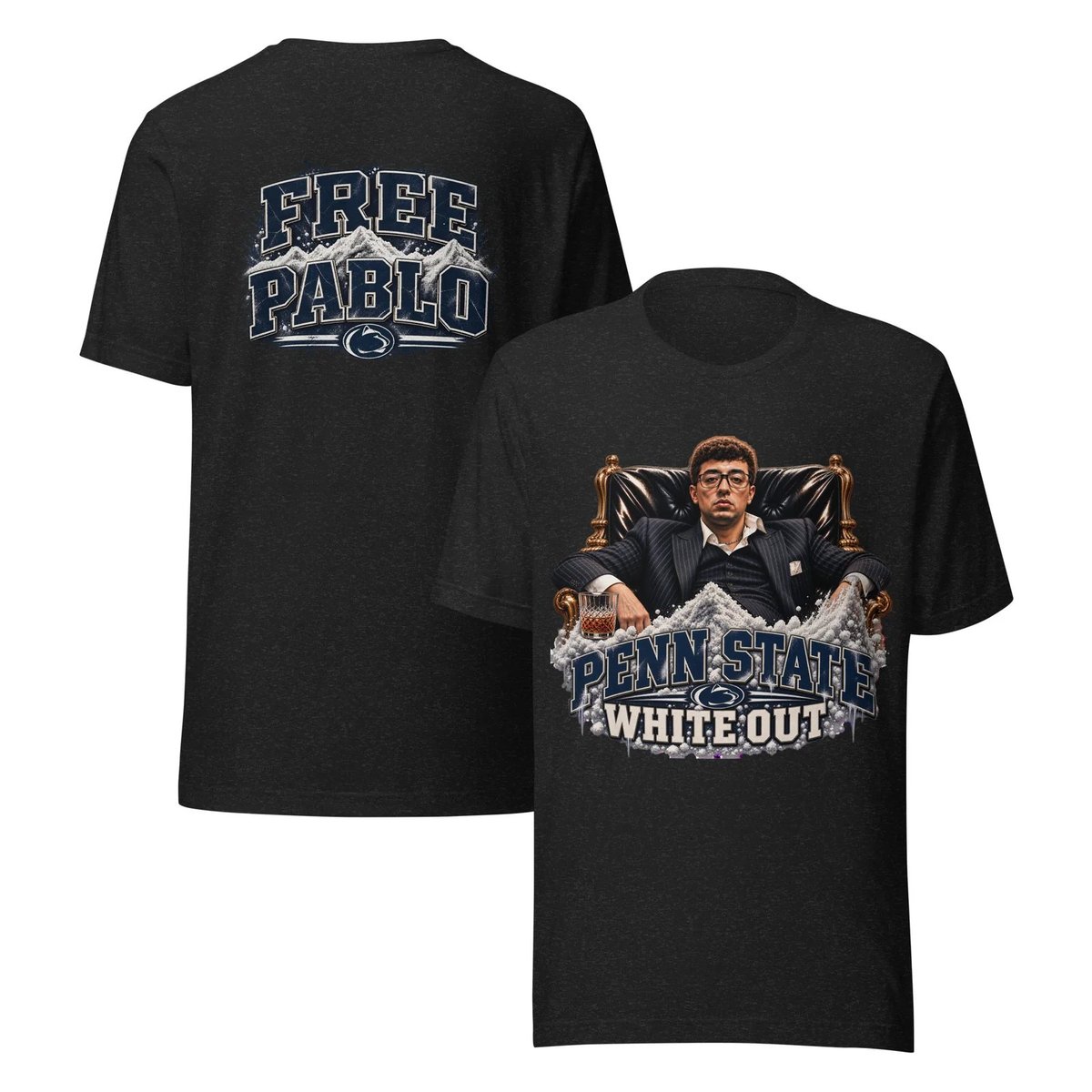 Two black t-shirts displayed front and back views. Front features Penn State Whiteout graphic with person in chair. Back shows Free Pablo text with Penn State logo.