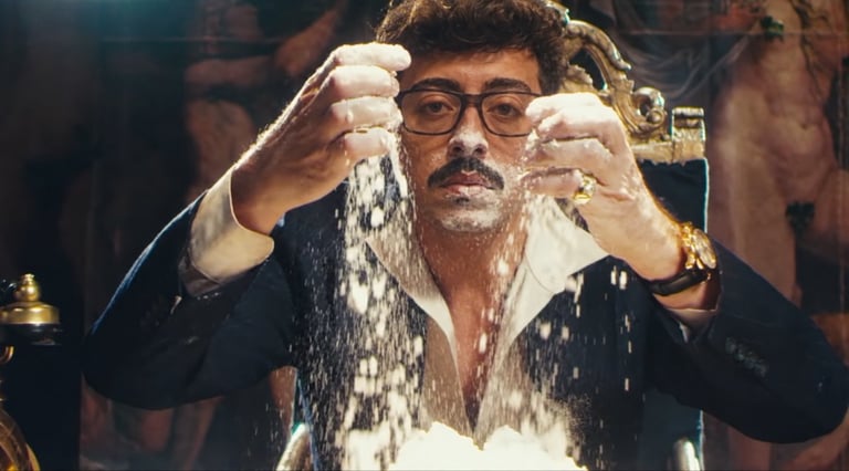 Man with glasses and mustache holding hands up with white powder or flour falling through fingers
