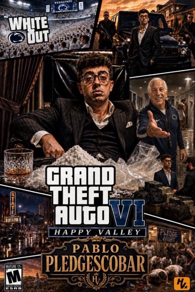 Grand Theft Auto VI promotional poster featuring Pablo Escobar character with scenes from Happy Valley gameplay and criminal underworld imagery