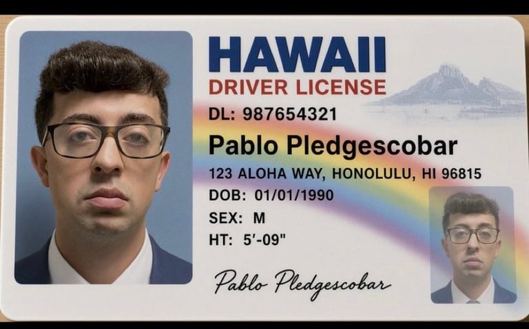 Hawaii driver license for Pablo Pledgescobar, showing photo ID, address in Honolulu, and personal information