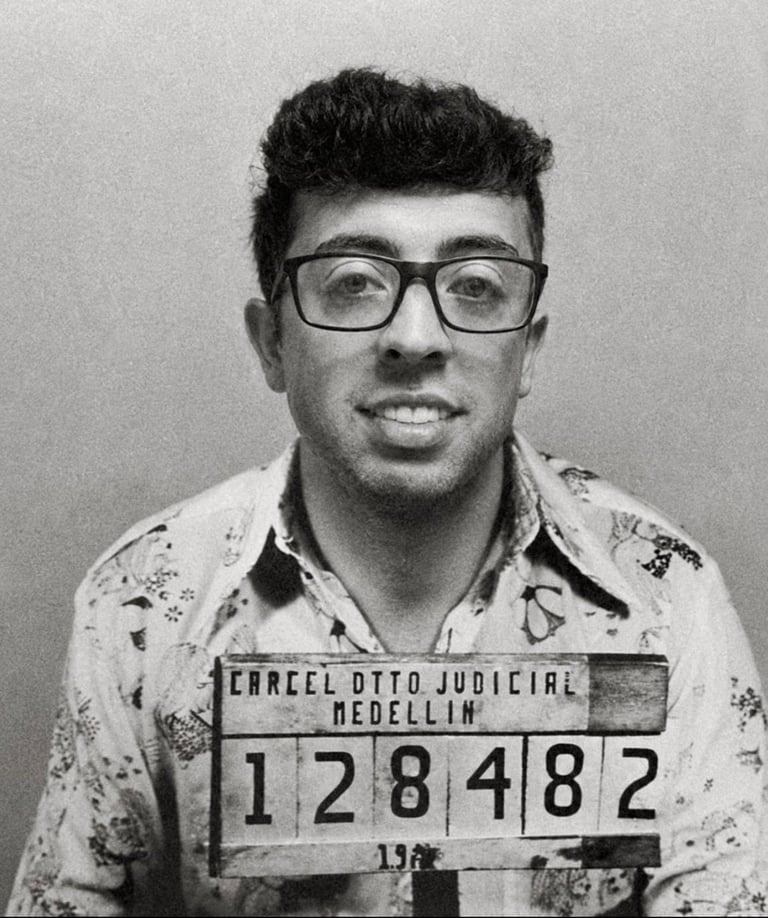 Black and white mugshot of a man wearing glasses and patterned shirt holding prison identification placard marked Carcel Otto Judicial Medellin 128482