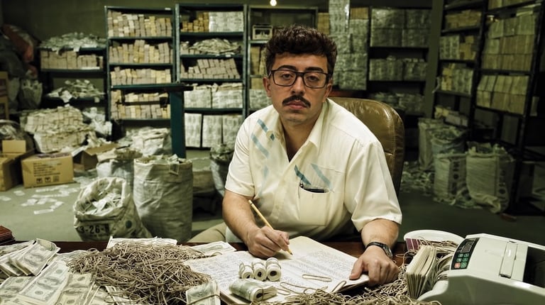 Man in glasses and white shirt organizing dried herbs and plants at a cluttered workbench with shelves of specimens in background