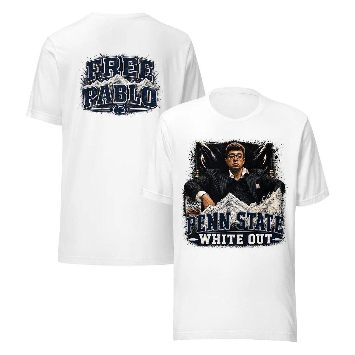 Two white t-shirts displayed side by side. Back shows Free Pablo text, front features Penn State White Out design with illustrated figure.