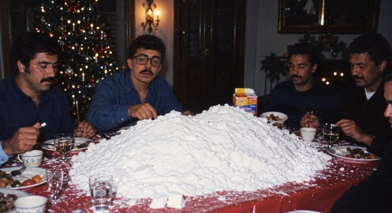 Four men with mustaches sit at a dining table with a large pile of cocaine in the center, surrounded by money and glasses.